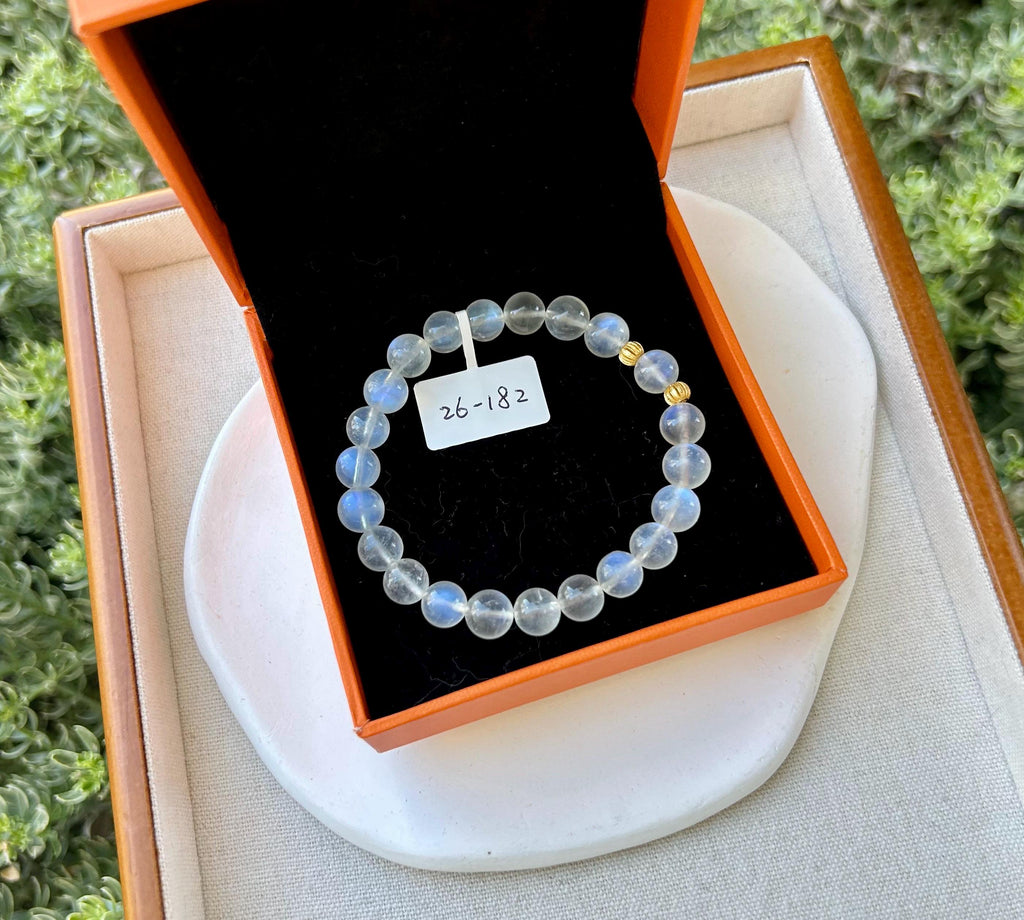 Flashy quality Natural Moonstone Crystal Bracelet with S925 beads, Fits up to 16.5cm wrist, 8mm+ Beads, (26-182)