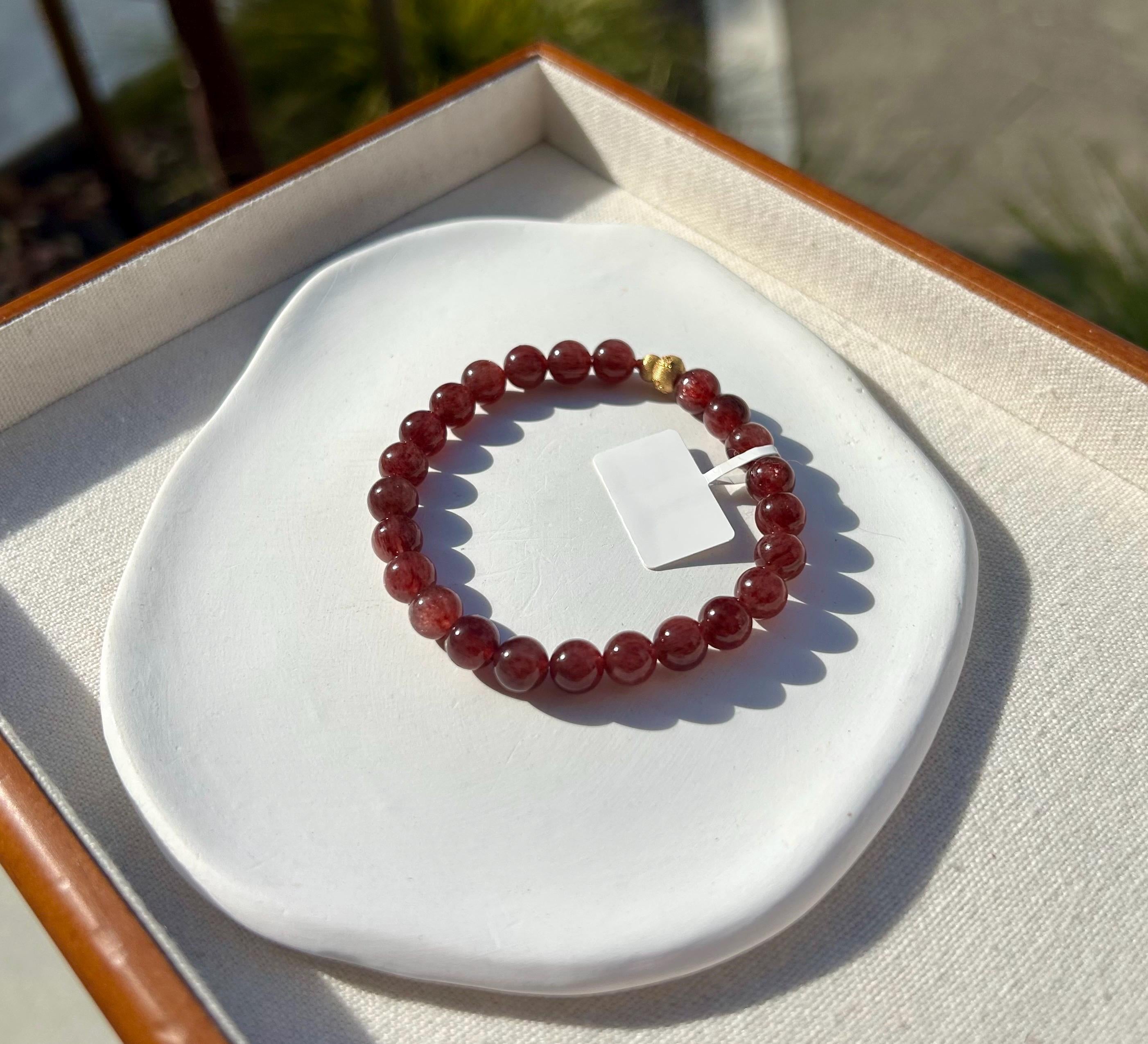 Cherry Red Natural Chunky Strawberry quartz Beads Bracelet with a Silver bead, Fits up to 16.8cm wrist (26-158)