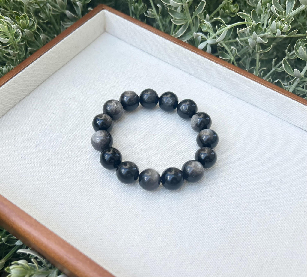 Chunky Silver Obsidian Bead Bracelet: Stretchy Gemstone Jewelry, 14mm beads, (25-136)