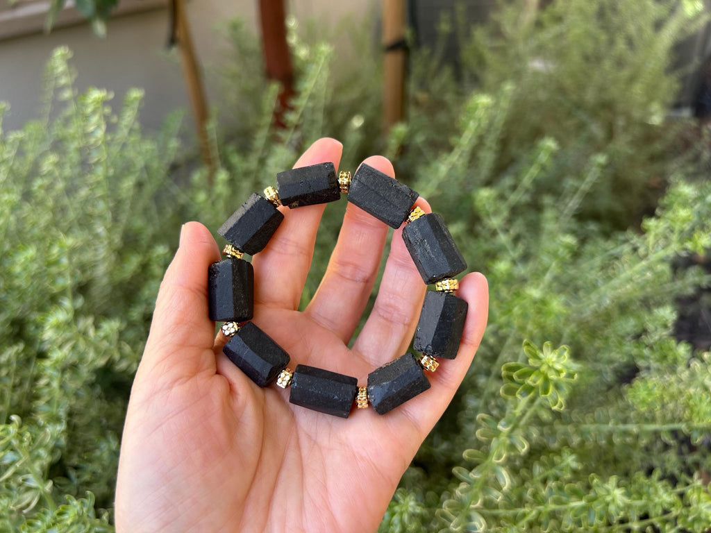 Natural Black Tourmaline Raw Stone Nugget Bracelet, Raw black tourmaline, Genuine black tourmaline, fits up to 16cm wrist  (26-155)