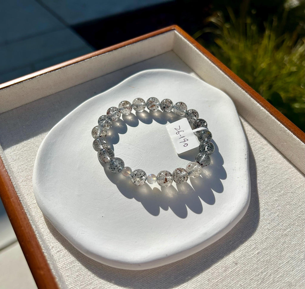 Phatom clear quartz beads with 2 small labradorite beads crystal bracelet, 9mm+ beads, fits up to 17cm wrist (26-190)
