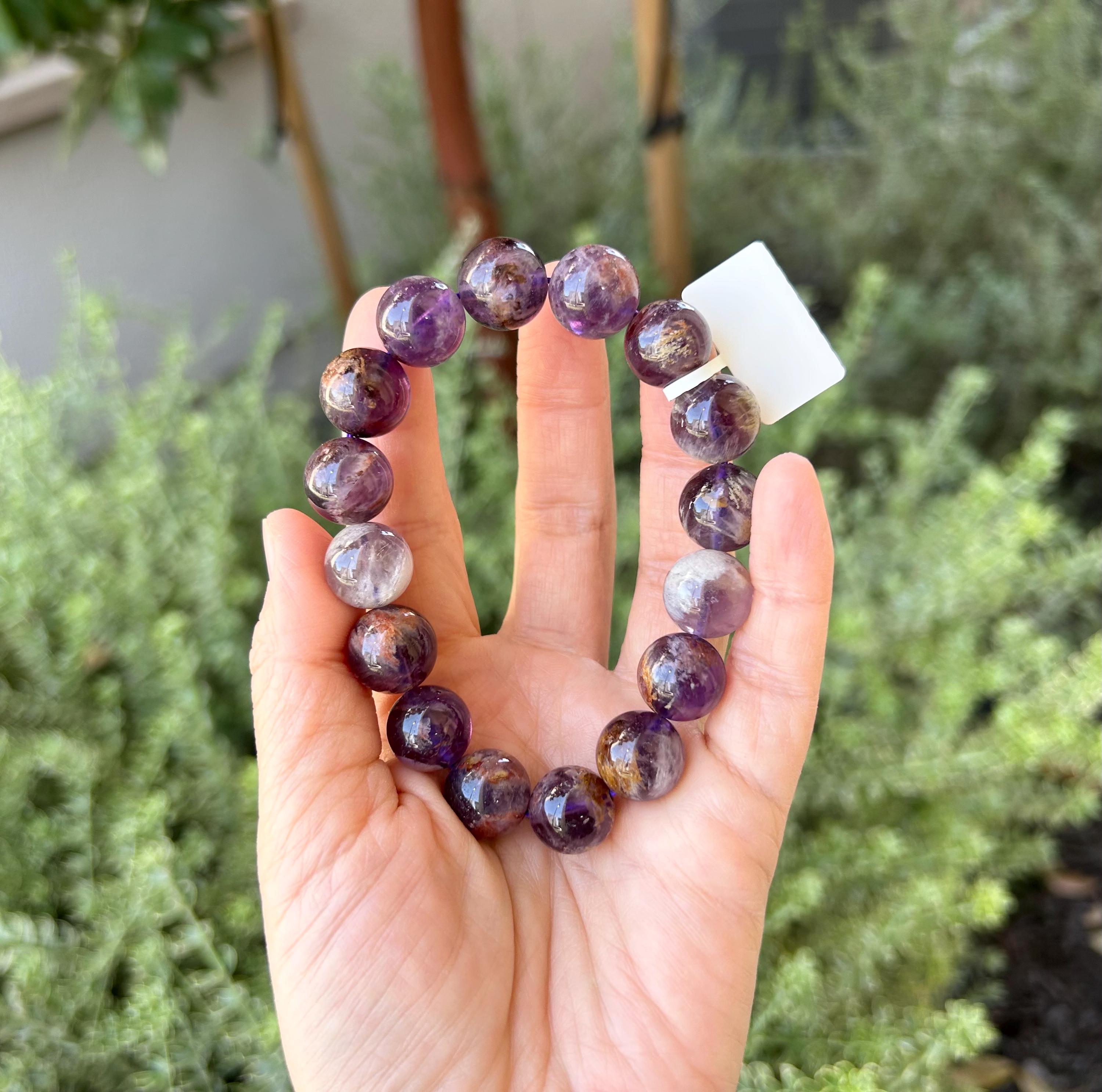 Chunky Natural Purple Phantom Amethyst Quartz Beaded Bracelet - 13mm, Phantom Amethyst Crystal Bracelet, fits up to 17cm wrist （25-013）