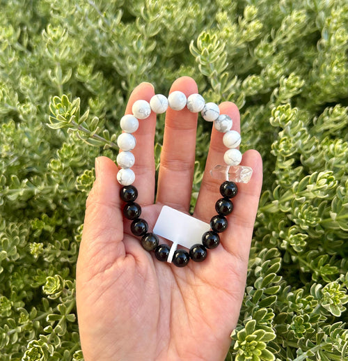 Black Obsidian, White Turquoise and Clear Quartz Tower Bracelet – Protection, Purification & Luck, fits up to 17cm (26-116)