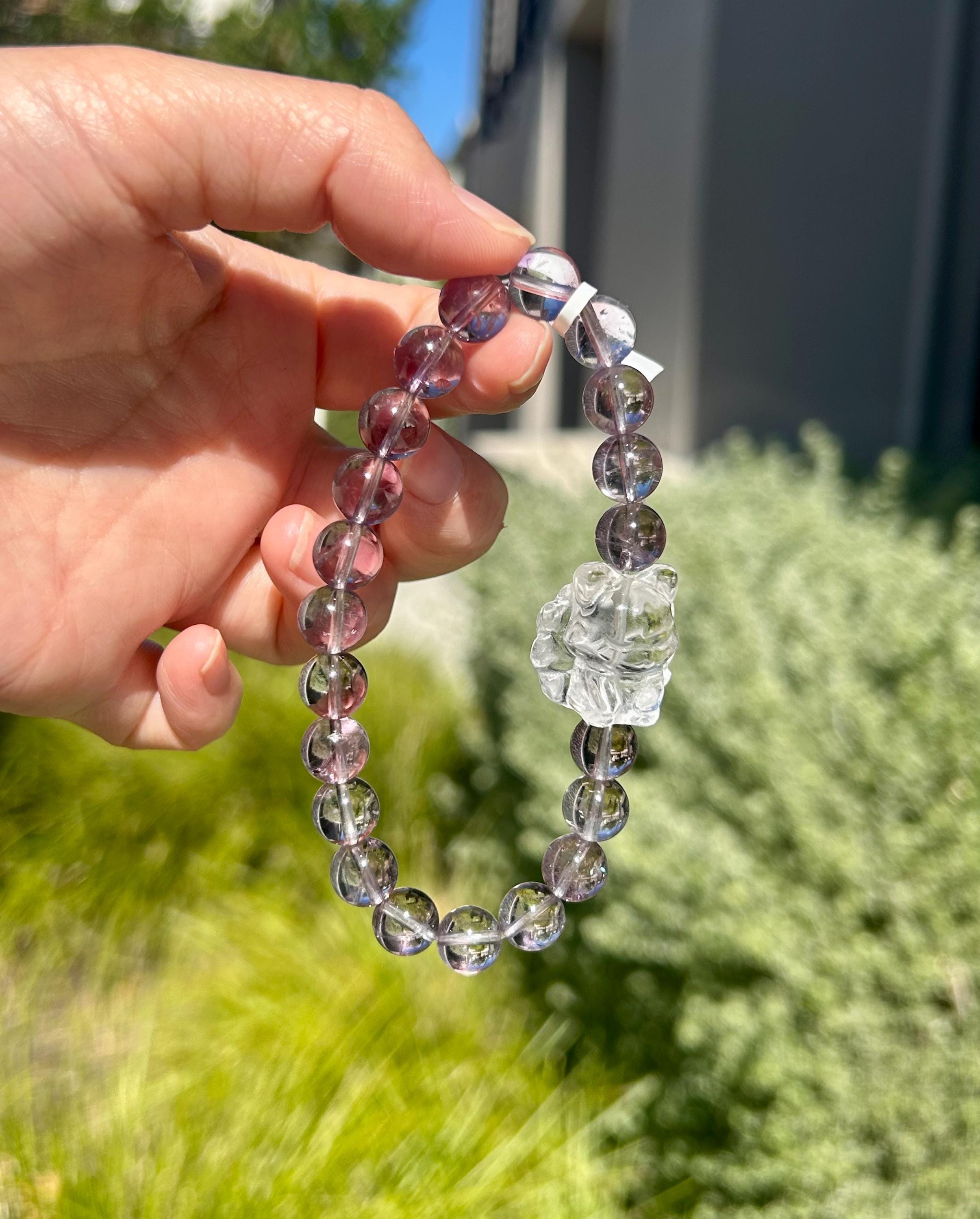 Clear Natural amethyst beads bracelet featuring a crystal carved fox, Amethyst Crystal Stretchy Bracelet (26-154)