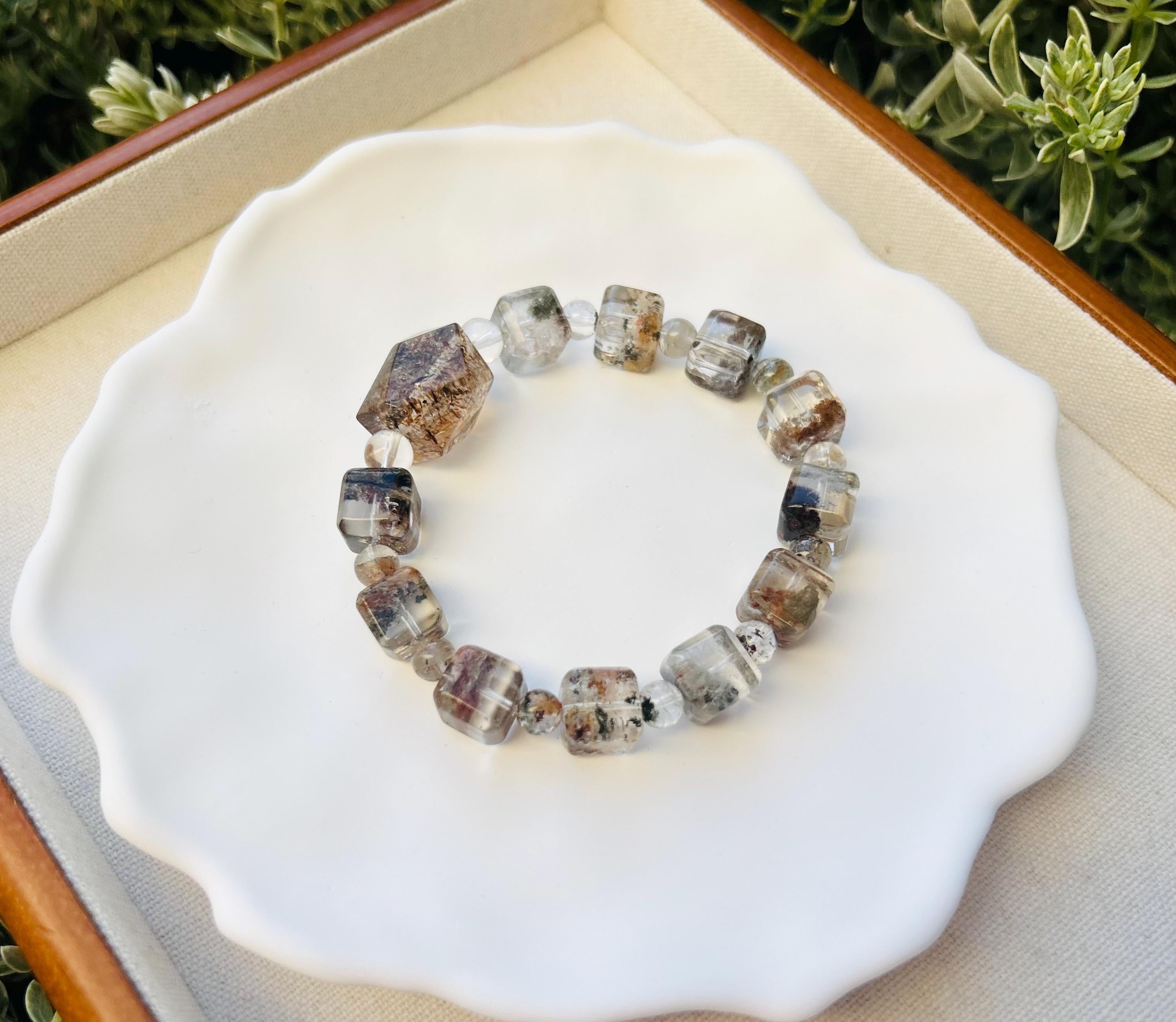 Four Season Phantom Quartz square beads with one chunky Black Gold Rutile Crystal Bracelet, fits up to 17cm wrist (25-184)