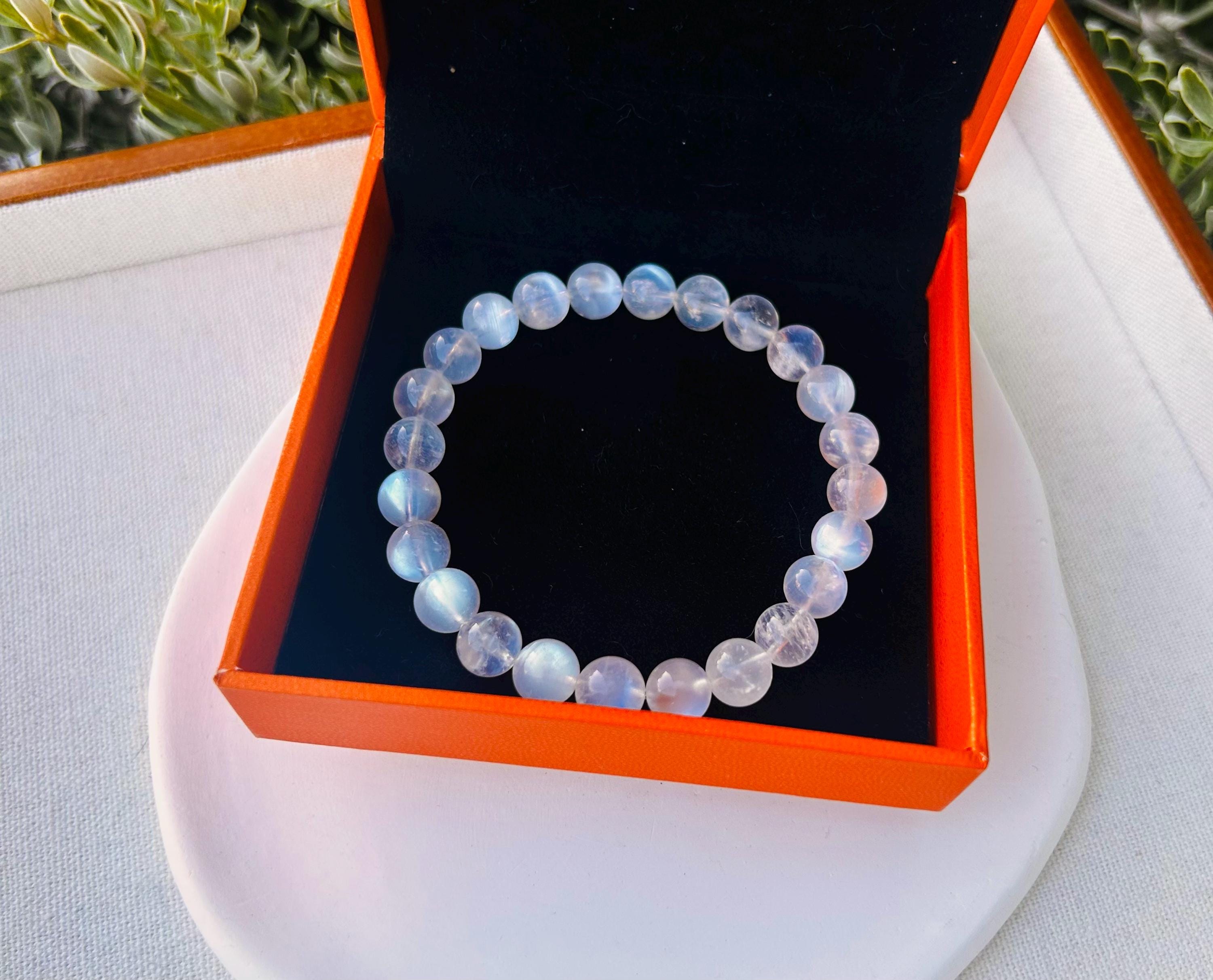 Natural Moonstone Crystal Bracelet: Blue Light Gemstone, 8mm Beads, (25-095)