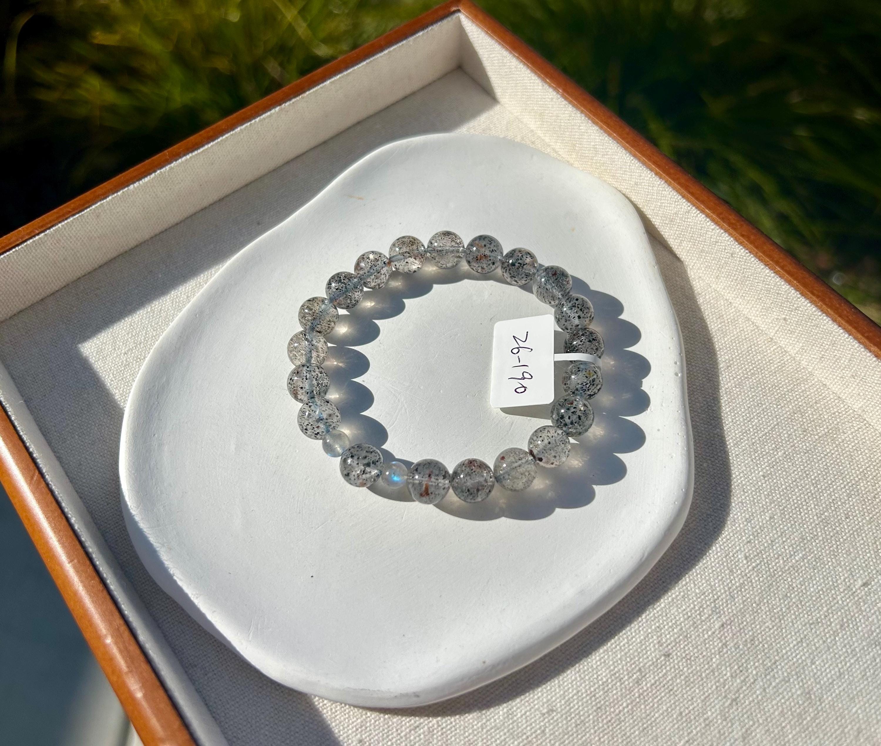 Phatom clear quartz beads with 2 small labradorite beads crystal bracelet, 9mm+ beads, fits up to 17cm wrist (26-190)