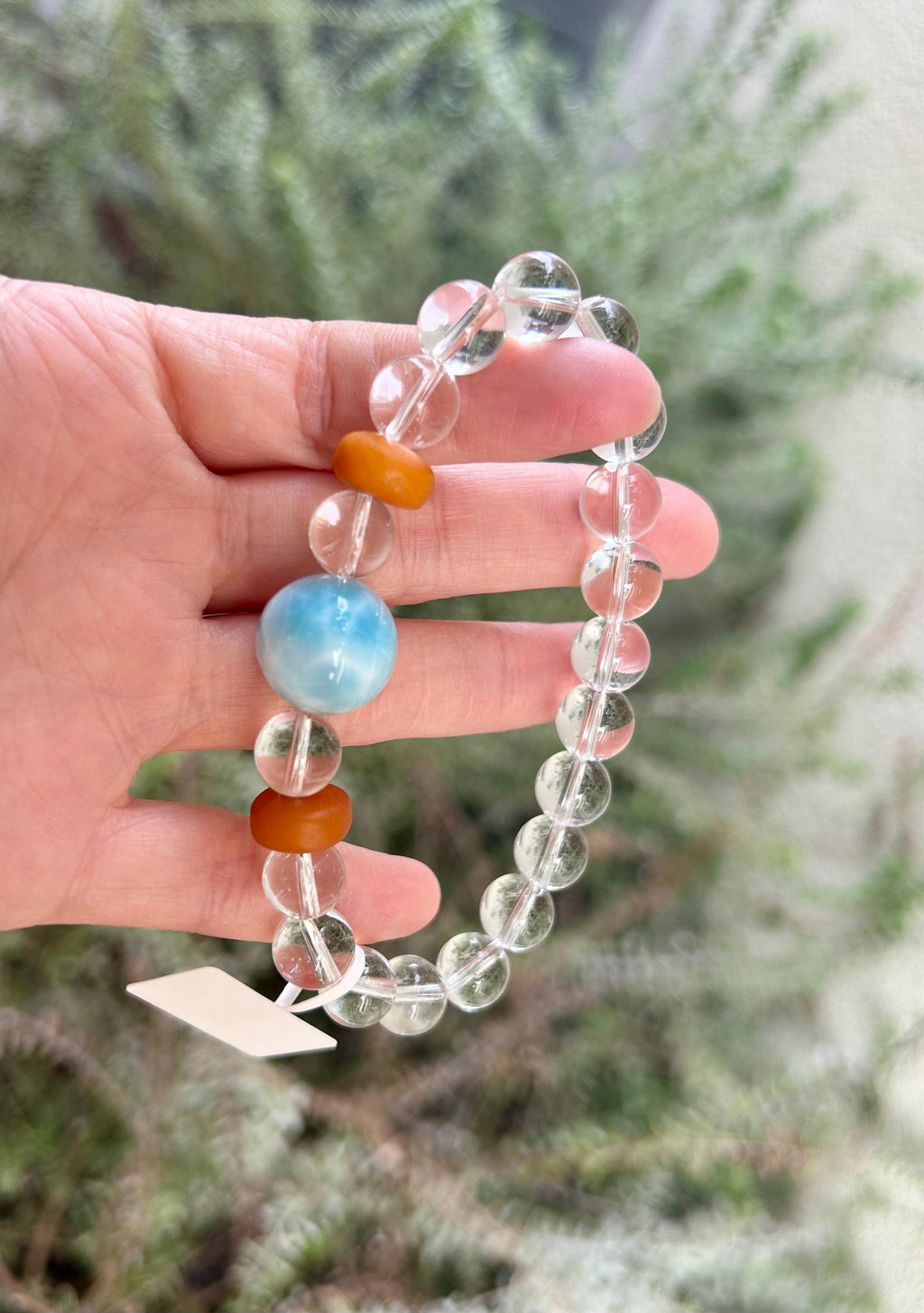 Chunky Larimar bead 16mm and clear Quartz beads bracelet with beeswax beads, Fits up to 17cm wrist, can be adjusted shorter (25-218)