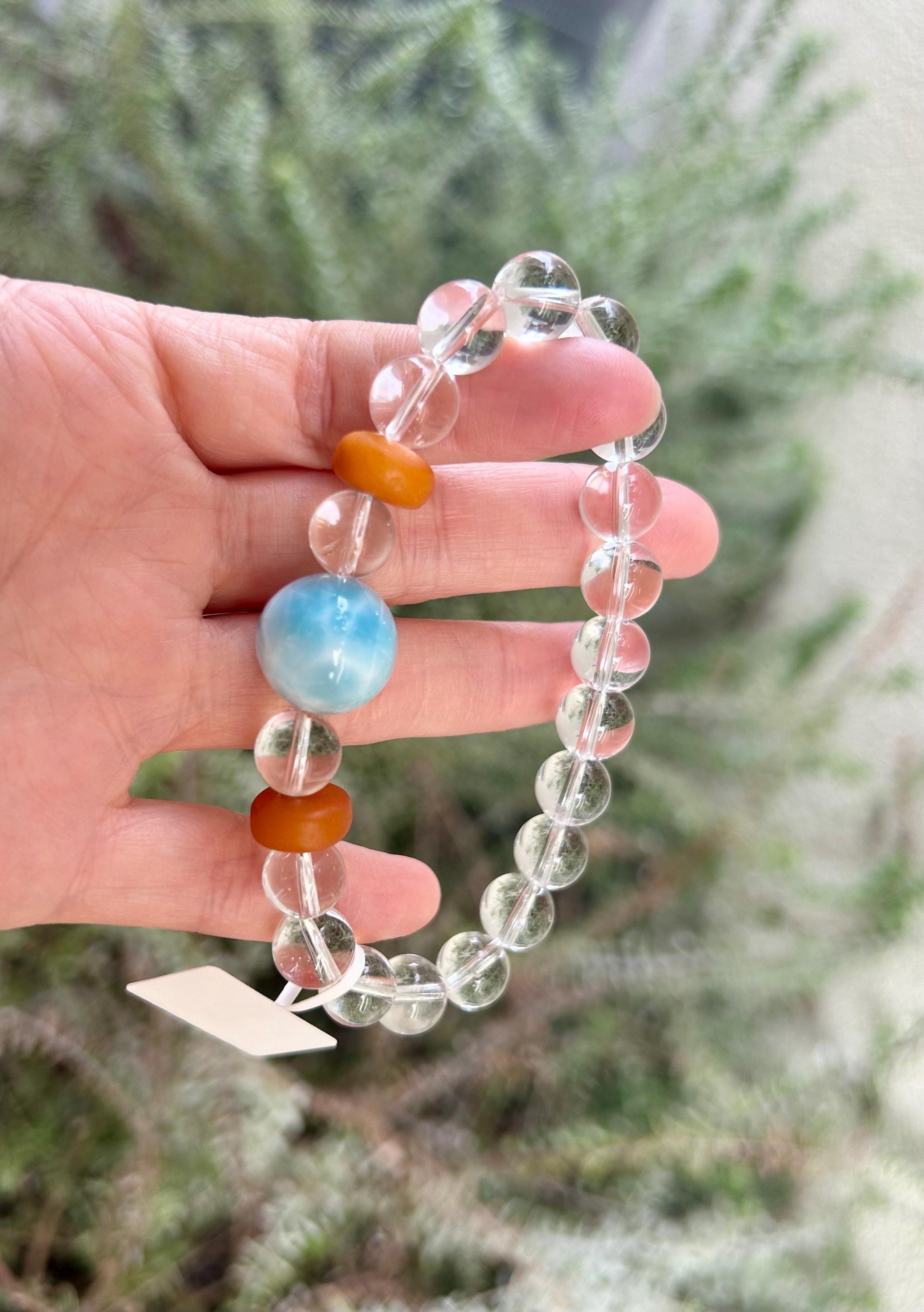 Chunky Larimar bead 16mm and clear Quartz beads bracelet with beeswax beads, Fits up to 17cm wrist, can be adjusted shorter (25-218)