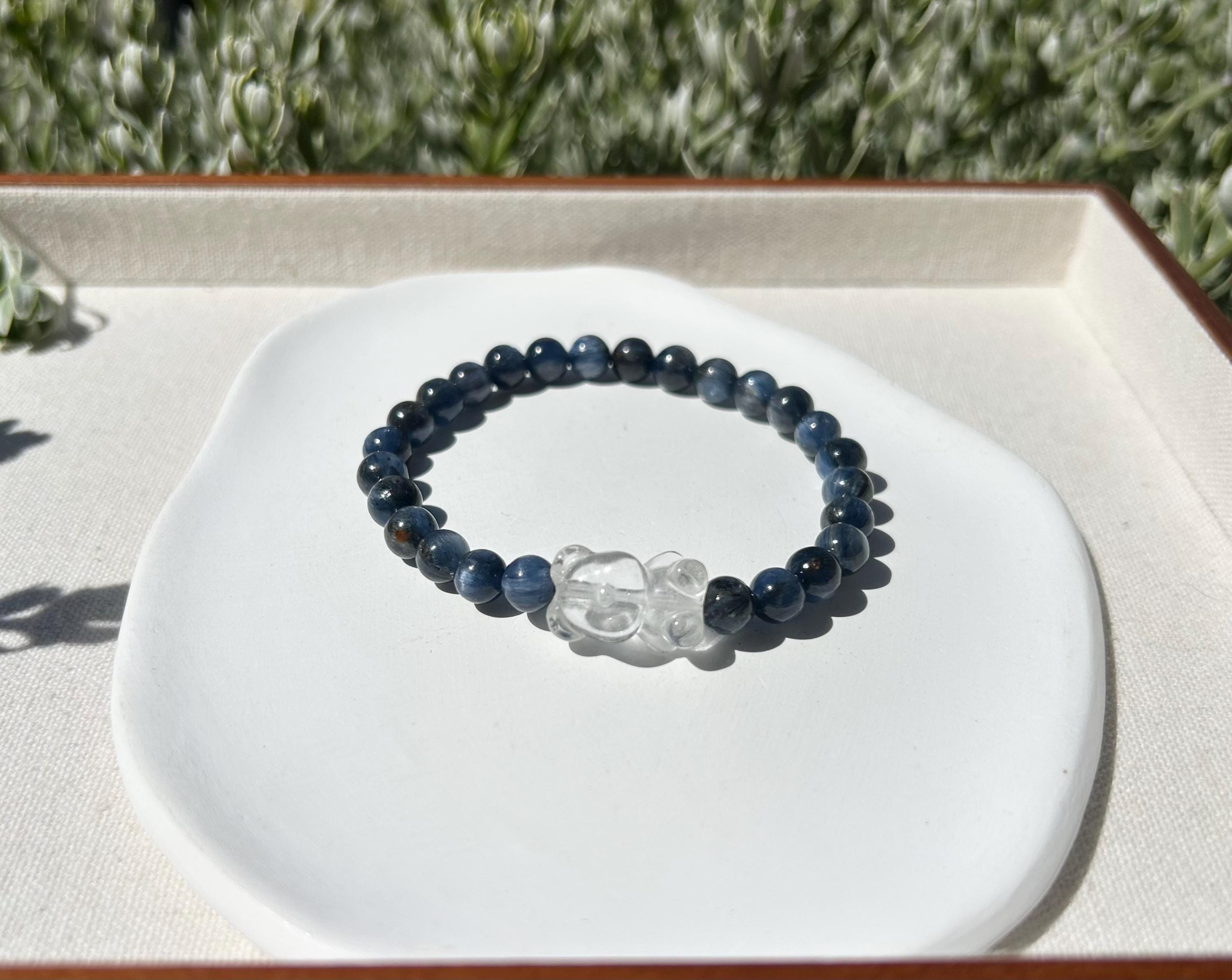 Blue Kyanite Bracelet featuring a carved clear quartz bear, Genuine Green Kyanite, Healing Stone (26-135)