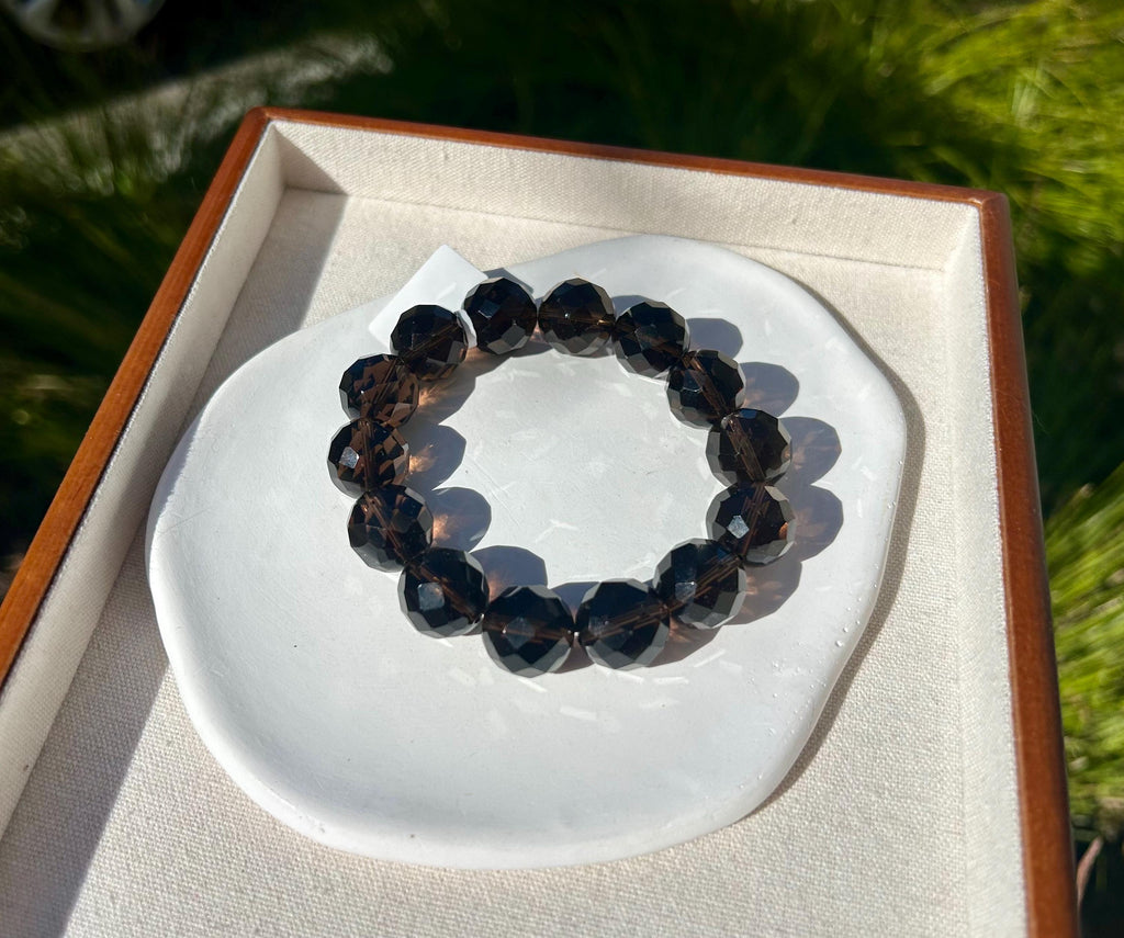 Chunky faceted Natural Smoky Quartz Crystal Bracelet featured with a crystal bow, 15mm+ smoky beads, Fits up to 18mm wrist (26-189)