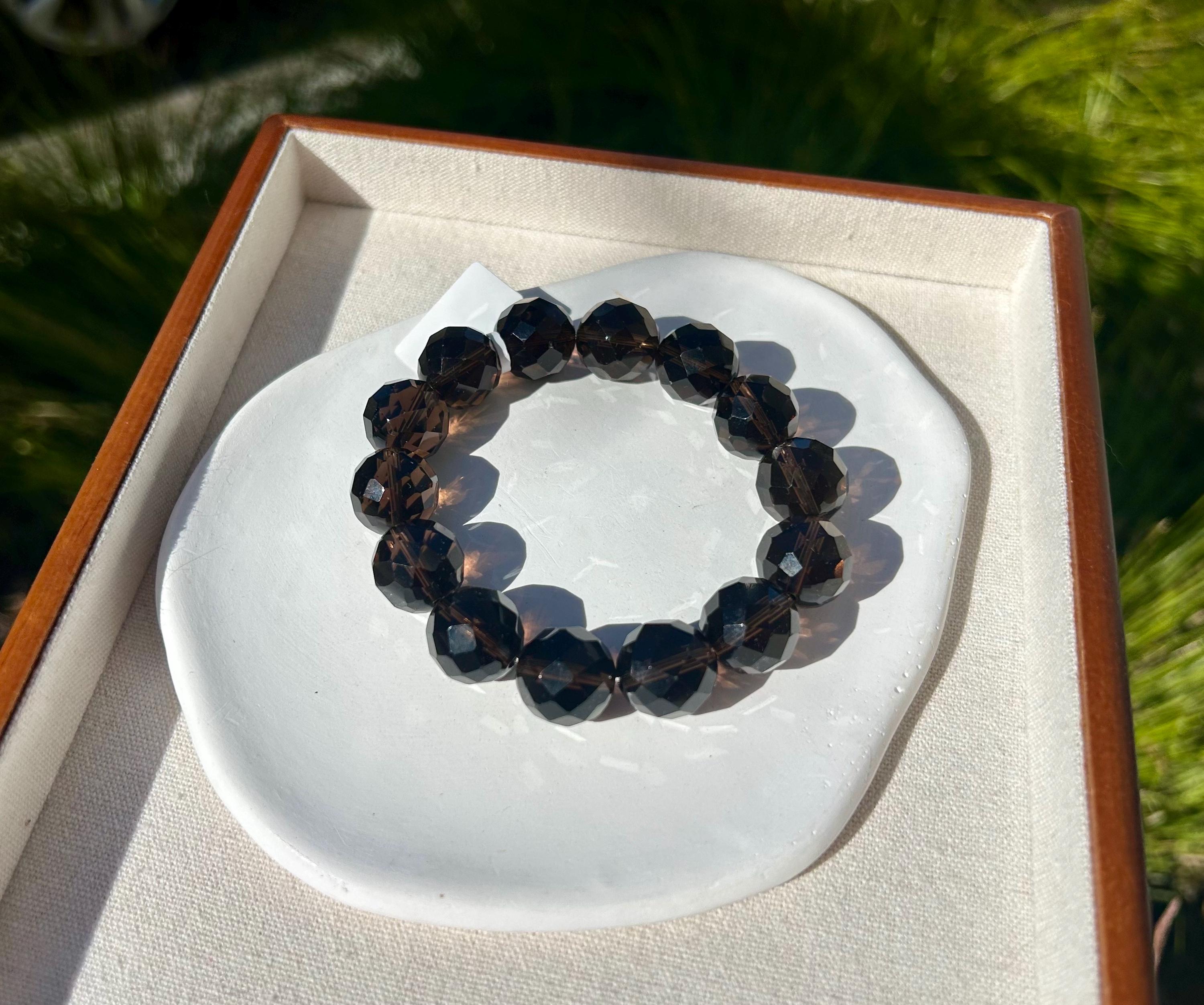 Chunky faceted Natural Smoky Quartz Crystal Bracelet featured with a crystal bow, 15mm+ smoky beads, Fits up to 18mm wrist (26-189)